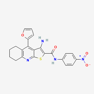 molecular formula C22H18N4O4S B2952891 3-氨基-4-(呋喃-2-基)-N-(4-硝基苯基)-5,6,7,8-四氢噻吩并[2,3-b]喹啉-2-甲酰胺 CAS No. 434294-30-1
