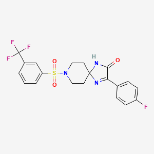 molecular formula C20H17F4N3O3S B2952895 3-(4-Fluorophenyl)-8-((3-(trifluoromethyl)phenyl)sulfonyl)-1,4,8-triazaspiro[4.5]dec-3-en-2-one CAS No. 1215593-15-9
