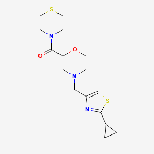 molecular formula C16H23N3O2S2 B2952933 [4-[(2-Cyclopropyl-1,3-thiazol-4-yl)methyl]morpholin-2-yl]-thiomorpholin-4-ylmethanone CAS No. 2415571-23-0