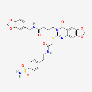 molecular formula C31H31N5O9S2 B2952945 4-[6-{[2-({2-[4-(aminosulfonyl)phenyl]ethyl}amino)-2-oxoethyl]thio}-8-oxo[1,3]dioxolo[4,5-g]quinazolin-7(8H)-yl]-N-(1,3-benzodioxol-5-ylmethyl)butanamide CAS No. 688060-30-2