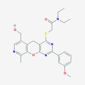 molecular formula C25H28N4O4S B2952949 N,N-二乙基-2-((6-(羟甲基)-2-(3-甲氧基苯基)-9-甲基-5H-吡啶并[4',3':5,6]吡喃并[2,3-d]嘧啶-4-基)硫代)乙酰胺 CAS No. 892381-56-5