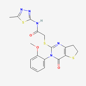 molecular formula C18H17N5O3S3 B2952984 2-[[3-(2-methoxyphenyl)-4-oxo-6,7-dihydrothieno[3,2-d]pyrimidin-2-yl]sulfanyl]-N-(5-methyl-1,3,4-thiadiazol-2-yl)acetamide CAS No. 686772-02-1