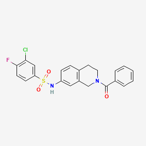 molecular formula C22H18ClFN2O3S B2953042 N-(2-benzoyl-1,2,3,4-tetrahydroisoquinolin-7-yl)-3-chloro-4-fluorobenzenesulfonamide CAS No. 955639-17-5
