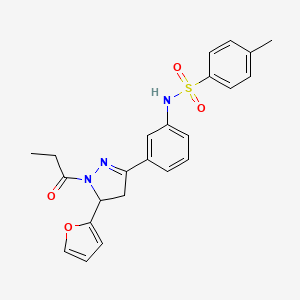 molecular formula C23H23N3O4S B2953048 N-(3-(5-(furan-2-yl)-1-propionyl-4,5-dihydro-1H-pyrazol-3-yl)phenyl)-4-methylbenzenesulfonamide CAS No. 923165-42-8