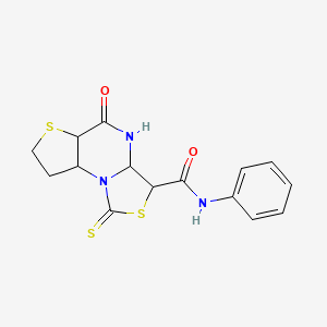 molecular formula C15H9N3O2S3 B2953058 7-oxo-N-phenyl-12-sulfanylidene-5,11-dithia-1,8-diazatricyclo[7.3.0.0^{2,6}]dodeca-2(6),3,9-triene-10-carboxamide CAS No. 443107-59-3
