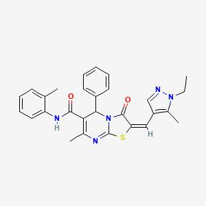molecular formula C28H27N5O2S B2953109 (E)-2-((1-ethyl-5-methyl-1H-pyrazol-4-yl)methylene)-7-methyl-3-oxo-5-phenyl-N-(o-tolyl)-3,5-dihydro-2H-thiazolo[3,2-a]pyrimidine-6-carboxamide CAS No. 515874-31-4