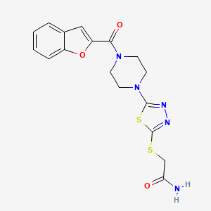 molecular formula C17H17N5O3S2 B2953117 2-((5-(4-(Benzofuran-2-carbonyl)piperazin-1-yl)-1,3,4-thiadiazol-2-yl)thio)acetamide CAS No. 1105197-75-8