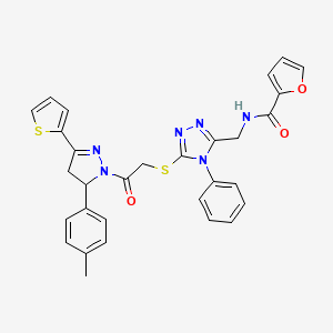 molecular formula C30H26N6O3S2 B2953126 N-((5-((2-oxo-2-(3-(thiophen-2-yl)-5-(p-tolyl)-4,5-dihydro-1H-pyrazol-1-yl)ethyl)thio)-4-phenyl-4H-1,2,4-triazol-3-yl)methyl)furan-2-carboxamide CAS No. 362506-18-1