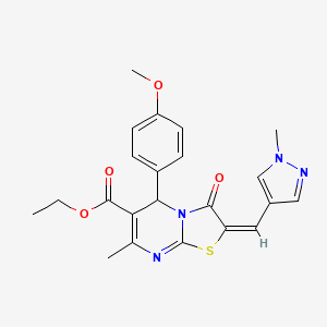 molecular formula C22H22N4O4S B2953129 (E)-乙基 5-(4-甲氧基苯基)-7-甲基-2-((1-甲基-1H-吡唑-4-基)亚甲基)-3-氧代-3,5-二氢-2H-噻唑并[3,2-a]嘧啶-6-甲酸酯 CAS No. 492427-53-9