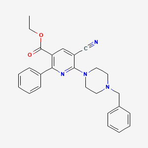 molecular formula C26H26N4O2 B2953228 Ethyl 6-(4-benzylpiperazino)-5-cyano-2-phenylnicotinate CAS No. 477866-11-8