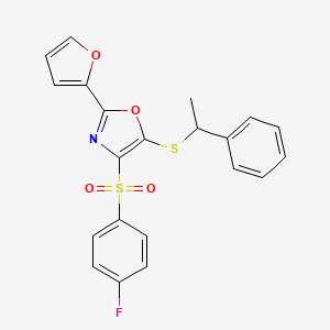 molecular formula C21H16FNO4S2 B2953231 4-((4-Fluorophenyl)sulfonyl)-2-(furan-2-yl)-5-((1-phenylethyl)thio)oxazole CAS No. 850928-69-7