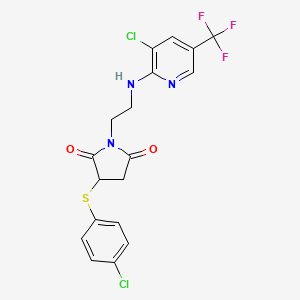 molecular formula C18H14Cl2F3N3O2S B2953252 3-(4-Chlorophenyl)sulfanyl-1-[2-[[3-chloro-5-(trifluoromethyl)pyridin-2-yl]amino]ethyl]pyrrolidine-2,5-dione CAS No. 303151-59-9