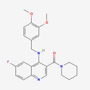 molecular formula C24H26FN3O3 B2953260 (4-((3,4-Dimethoxybenzyl)amino)-6-fluoroquinolin-3-yl)(piperidin-1-yl)methanone CAS No. 1326835-52-2
