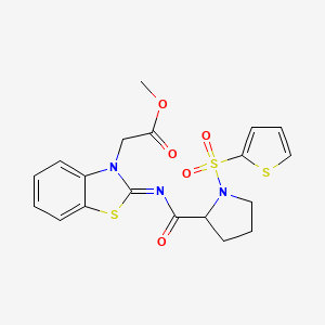 molecular formula C19H19N3O5S3 B2953287 (E)-methyl 2-(2-((1-(thiophen-2-ylsulfonyl)pyrrolidine-2-carbonyl)imino)benzo[d]thiazol-3(2H)-yl)acetate CAS No. 1100792-51-5