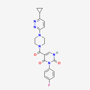 molecular formula C22H21FN6O3 B2953292 5-(4-(6-cyclopropylpyridazin-3-yl)piperazine-1-carbonyl)-3-(4-fluorophenyl)pyrimidine-2,4(1H,3H)-dione CAS No. 2034493-48-4