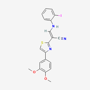 molecular formula C20H16IN3O2S B2953294 (E)-2-(4-(3,4-dimethoxyphenyl)thiazol-2-yl)-3-((2-iodophenyl)amino)acrylonitrile CAS No. 374601-70-4
