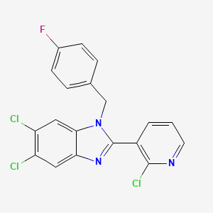 molecular formula C19H11Cl3FN3 B2953297 5,6-dichloro-2-(2-chloro-3-pyridinyl)-1-(4-fluorobenzyl)-1H-1,3-benzimidazole CAS No. 338774-11-1