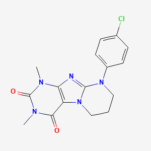 molecular formula C16H16ClN5O2 B2953309 9-(4-chlorophenyl)-1,3-dimethyl-7,8-dihydro-6H-purino[7,8-a]pyrimidine-2,4-dione CAS No. 566137-85-7