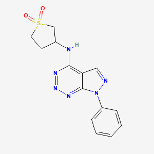 molecular formula C14H14N6O2S B2953325 3-((7-phenyl-7H-pyrazolo[3,4-d][1,2,3]triazin-4-yl)amino)tetrahydrothiophene 1,1-dioxide CAS No. 1226458-49-6