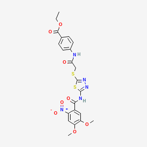 molecular formula C22H21N5O8S2 B2953328 4-(2-((5-(4,5-二甲氧基-2-硝基苯甲酰胺)-1,3,4-噻二唑-2-基)硫代)乙酰氨基)苯甲酸乙酯 CAS No. 389073-15-8