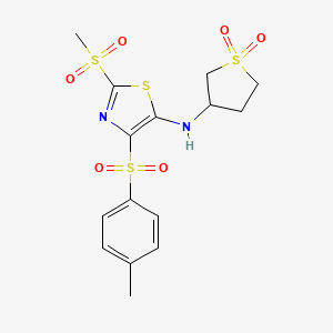 molecular formula C15H18N2O6S4 B2953340 3-((2-(Methylsulfonyl)-4-tosylthiazol-5-yl)amino)tetrahydrothiophene 1,1-dioxide CAS No. 876864-81-2