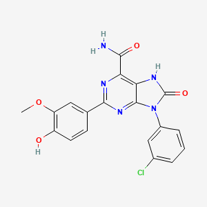 molecular formula C19H14ClN5O4 B2953412 9-(3-chlorophenyl)-2-(4-hydroxy-3-methoxyphenyl)-8-oxo-8,9-dihydro-7H-purine-6-carboxamide CAS No. 863501-25-1