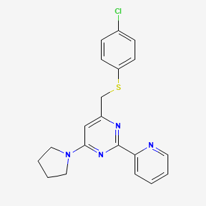 molecular formula C20H19ClN4S B2953442 4-(((4-Chlorophenyl)sulfanyl)methyl)-2-(2-pyridinyl)-6-(1-pyrrolidinyl)pyrimidine CAS No. 477866-89-0