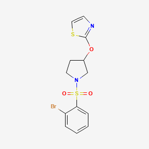 molecular formula C13H13BrN2O3S2 B2953495 2-((1-((2-Bromophenyl)sulfonyl)pyrrolidin-3-yl)oxy)thiazole CAS No. 2199348-99-5