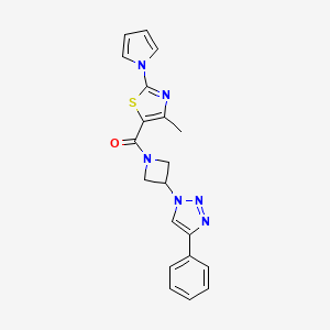 molecular formula C20H18N6OS B2953496 (4-methyl-2-(1H-pyrrol-1-yl)thiazol-5-yl)(3-(4-phenyl-1H-1,2,3-triazol-1-yl)azetidin-1-yl)methanone CAS No. 2034425-98-2