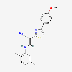 molecular formula C21H19N3OS B2953569 (E)-3-((2,5-dimethylphenyl)amino)-2-(4-(4-methoxyphenyl)thiazol-2-yl)acrylonitrile CAS No. 1322201-24-0