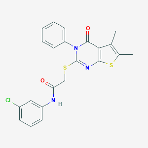 molecular formula C22H18ClN3O2S2 B295363 N-(3-chlorophenyl)-2-[(5,6-dimethyl-4-oxo-3-phenyl-3,4-dihydrothieno[2,3-d]pyrimidin-2-yl)sulfanyl]acetamide 