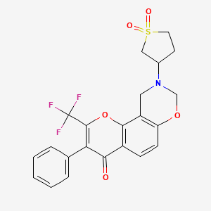molecular formula C22H18F3NO5S B2953631 9-(1,1-dioxidotetrahydrothiophen-3-yl)-3-phenyl-2-(trifluoromethyl)-9,10-dihydrochromeno[8,7-e][1,3]oxazin-4(8H)-one CAS No. 951987-19-2