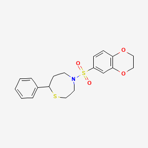 molecular formula C19H21NO4S2 B2953638 4-((2,3-Dihydrobenzo[b][1,4]dioxin-6-yl)sulfonyl)-7-phenyl-1,4-thiazepane CAS No. 1705505-60-7