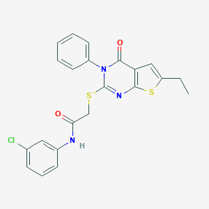 molecular formula C22H18ClN3O2S2 B295364 N-(3-chlorophenyl)-2-[(6-ethyl-4-oxo-3-phenyl-3,4-dihydrothieno[2,3-d]pyrimidin-2-yl)sulfanyl]acetamide 