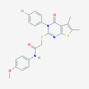 molecular formula C23H20ClN3O3S2 B295365 2-{[3-(4-chlorophenyl)-5,6-dimethyl-4-oxo-3,4-dihydrothieno[2,3-d]pyrimidin-2-yl]sulfanyl}-N-(4-methoxyphenyl)acetamide 