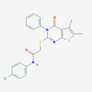 molecular formula C22H18ClN3O2S2 B295367 N-(4-chlorophenyl)-2-[(5,6-dimethyl-4-oxo-3-phenyl-3,4-dihydrothieno[2,3-d]pyrimidin-2-yl)sulfanyl]acetamide 