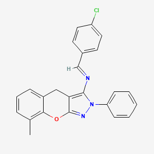 molecular formula C24H18ClN3O B2953733 (E)-N-(4-chlorobenzylidene)-8-methyl-2-phenyl-2,4-dihydrochromeno[2,3-c]pyrazol-3-amine CAS No. 931966-80-2