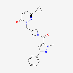 molecular formula C22H23N5O2 B2953850 6-Cyclopropyl-2-[[1-(2-methyl-5-phenylpyrazole-3-carbonyl)azetidin-3-yl]methyl]pyridazin-3-one CAS No. 2309312-89-6