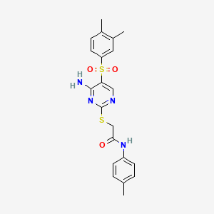 molecular formula C21H22N4O3S2 B2953878 2-{[4-AMINO-5-(3,4-DIMETHYLBENZENESULFONYL)PYRIMIDIN-2-YL]SULFANYL}-N-(4-METHYLPHENYL)ACETAMIDE CAS No. 872198-03-3