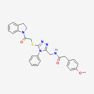 molecular formula C28H27N5O3S B2953880 N-[[5-[2-(2,3-dihydroindol-1-yl)-2-oxoethyl]sulfanyl-4-phenyl-1,2,4-triazol-3-yl]methyl]-2-(4-methoxyphenyl)acetamide CAS No. 392680-01-2