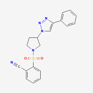 molecular formula C19H17N5O2S B2953882 2-((3-(4-phenyl-1H-1,2,3-triazol-1-yl)pyrrolidin-1-yl)sulfonyl)benzonitrile CAS No. 2034264-86-1