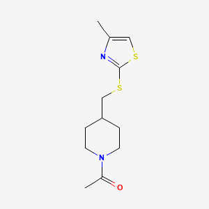 molecular formula C12H18N2OS2 B2953884 1-(4-(((4-Methylthiazol-2-yl)thio)methyl)piperidin-1-yl)ethanone CAS No. 1421456-09-8