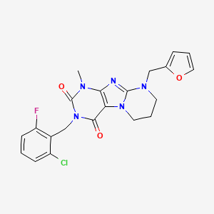 molecular formula C21H19ClFN5O3 B2953908 3-(2-chloro-6-fluorobenzyl)-9-(furan-2-ylmethyl)-1-methyl-6,7,8,9-tetrahydropyrimido[2,1-f]purine-2,4(1H,3H)-dione CAS No. 876151-06-3