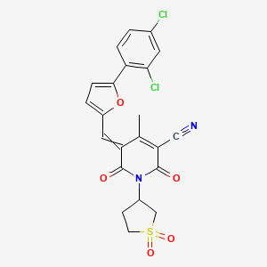 molecular formula C22H16Cl2N2O5S B2953942 5-{[5-(2,4-Dichlorophenyl)furan-2-yl]methylidene}-1-(1,1-dioxo-1lambda6-thiolan-3-yl)-4-methyl-2,6-dioxo-1,2,5,6-tetrahydropyridine-3-carbonitrile CAS No. 862487-08-9