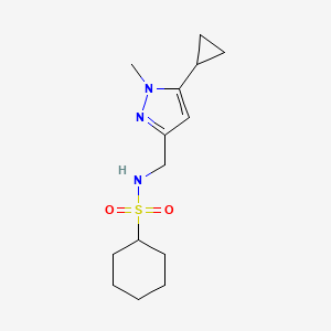 molecular formula C14H23N3O2S B2953981 N-((5-cyclopropyl-1-methyl-1H-pyrazol-3-yl)methyl)cyclohexanesulfonamide CAS No. 1448052-69-4