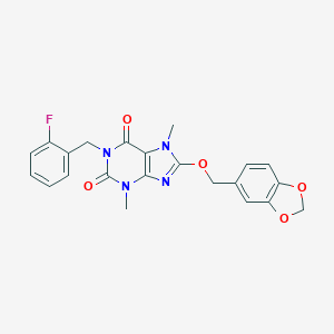 molecular formula C22H19FN4O5 B295409 8-(1,3-benzodioxol-5-ylmethoxy)-1-(2-fluorobenzyl)-3,7-dimethyl-3,7-dihydro-1H-purine-2,6-dione 