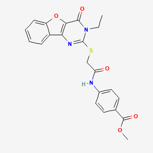 molecular formula C22H19N3O5S B2954114 4-(2-((3-乙基-4-氧代-3,4-二氢苯并呋喃[3,2-d]嘧啶-2-基)硫代)乙酰氨基)苯甲酸甲酯 CAS No. 899742-31-5