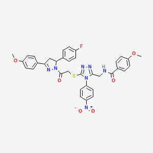 molecular formula C35H30FN7O6S B2954196 N-[[5-[2-[3-(4-fluorophenyl)-5-(4-methoxyphenyl)-3,4-dihydropyrazol-2-yl]-2-oxoethyl]sulfanyl-4-(4-nitrophenyl)-1,2,4-triazol-3-yl]methyl]-4-methoxybenzamide CAS No. 393583-91-0