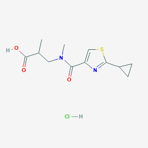 molecular formula C12H17ClN2O3S B2954242 3-[(2-Cyclopropyl-1,3-thiazole-4-carbonyl)-methylamino]-2-methylpropanoic acid;hydrochloride CAS No. 2172476-95-6