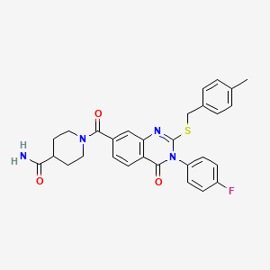 molecular formula C29H27FN4O3S B2954351 1-(3-(4-Fluorophenyl)-2-((4-methylbenzyl)thio)-4-oxo-3,4-dihydroquinazoline-7-carbonyl)piperidine-4-carboxamide CAS No. 450371-93-4
